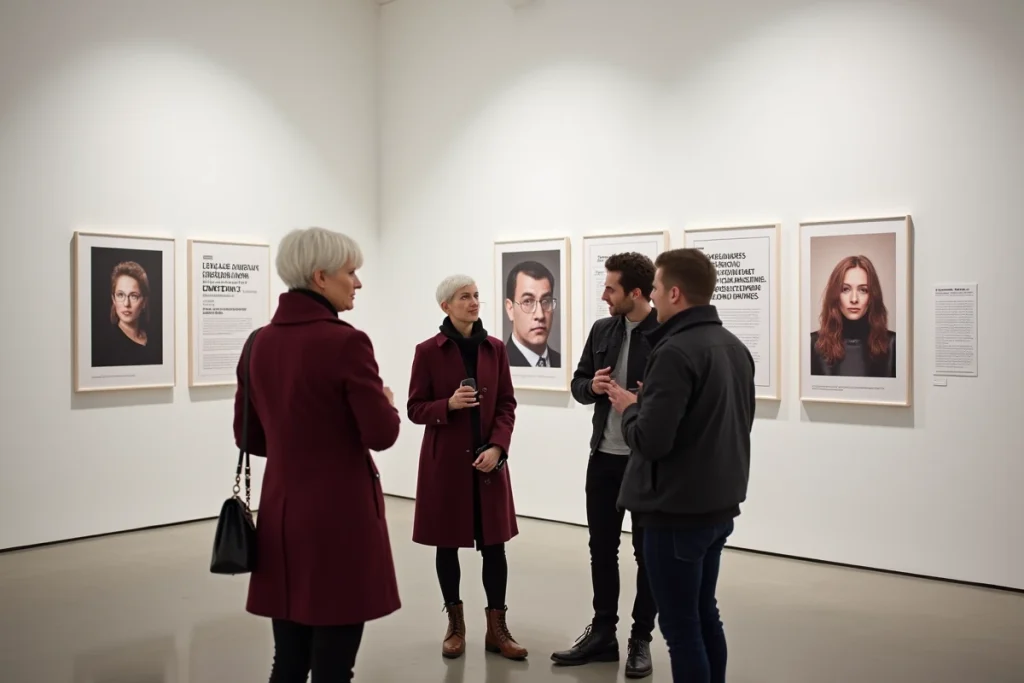 Groupe de personnes devant une exposition photographique sur l'identité et la représentation trans dans une galerie d'art contemporaine, image éditoriale documentaire