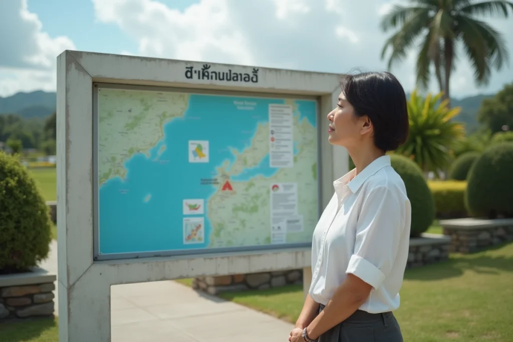 Femme thaïlandaise contemplant une carte des zones touchées par le tsunami à Phuket dans un parc mémorial