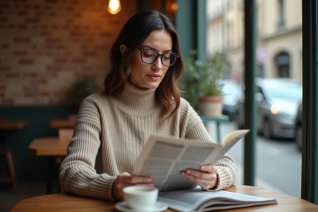 Femme trans lisant un magazine dans un café parisien, ambiance intime et authentique illustrant les récits de vie transgenres dans la presse française