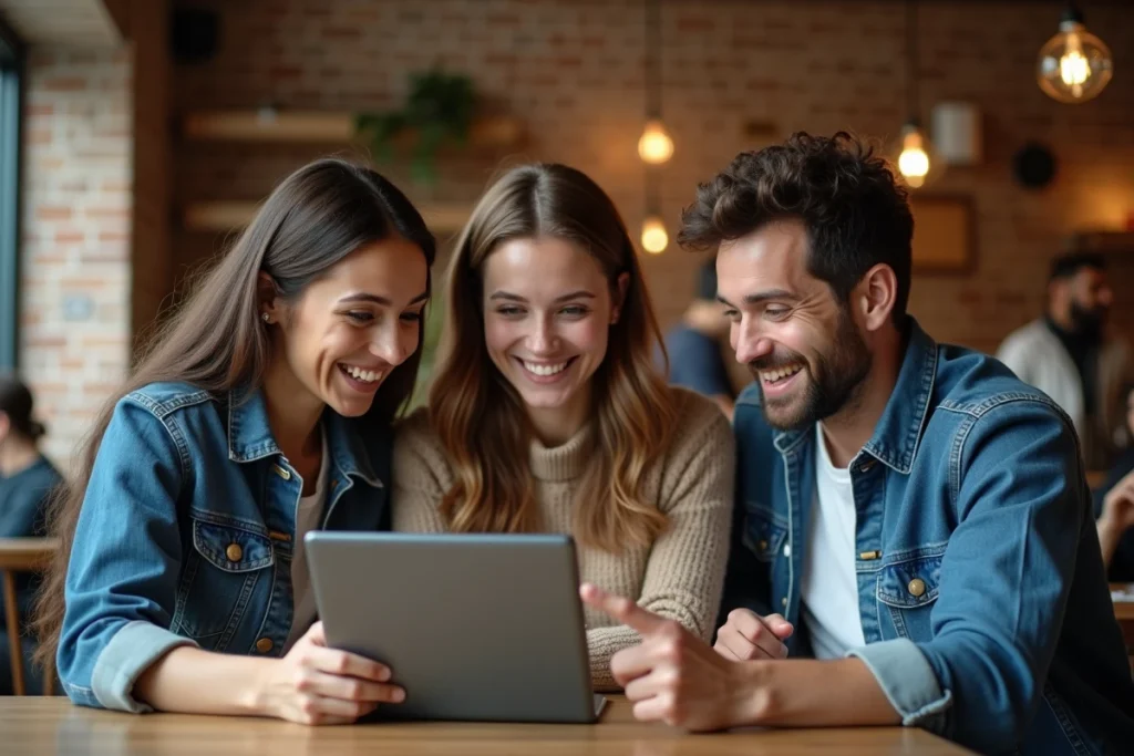 Groupe de personnes discutant d'une vidéo virale et de montages partagés sur les réseaux sociaux dans un café urbain