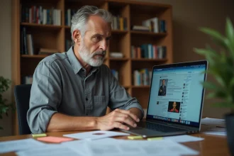 Homme consultant des réseaux sociaux sur son ordinateur portable, analysant des rumeurs virales et des montages vidéo circulant en ligne