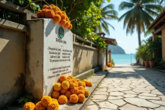 Plaque commémorative du tsunami de 2004 sur un mur côtier à Phuket, Thaïlande, entourée d'offrandes florales fanées