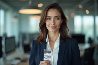 Femme transgenre confiante en veste marine dans une salle de rédaction moderne, portrait éditorial réaliste illustrant la représentation trans dans les médias
