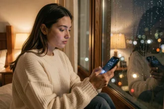 Jeune femme contemplative regardant l'heure 23h23 sur son téléphone près d'une fenêtre pluvieuse, évoquant la blessure d'abandon et la flamme jumelle