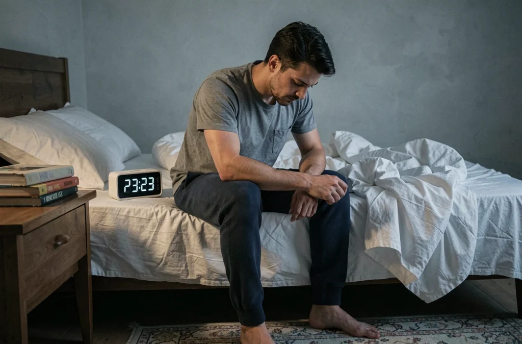 Homme seul assis sur un lit défait avec une horloge affichant 23h23, symbolisant la solitude liée à la blessure d'abandon et au chemin de la flamme jumelle