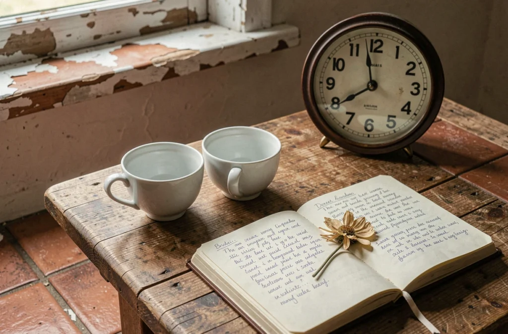 Deux tasses vides et un journal intime ouvert sur une table rustique avec une horloge indiquant 23h23, métaphore visuelle de la flamme jumelle et de la blessure d'abandon