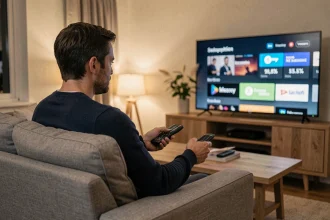Homme abonné à Canal+ regardant les options d'abonnement sur sa télévision depuis son canapé