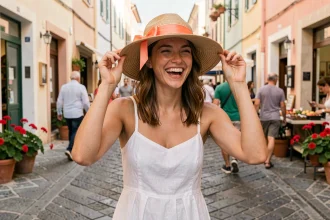 Jeune femme en robe blanche portant un chapeau de paille à ruban corail dans une rue ensoleillée du sud de la France
