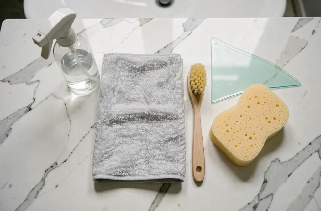 Vue du dessus des accessoires de nettoyage pour salle de bain disposés sur un plan de travail en marbre blanc