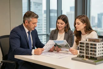 Agent immobilier présentant un plan de vente sur plan à un jeune couple dans une agence immobilière moderne