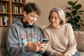 Un adolescent montre un banger sur son téléphone à sa mère perplexe dans un salon familial