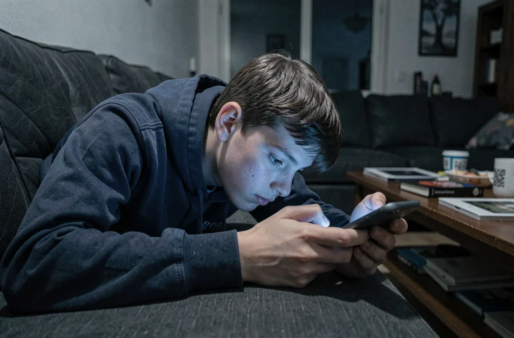 Adolescent allongé sur un canapé la nuit regardant son smartphone de près, montrant les risques des écrans sur la vision