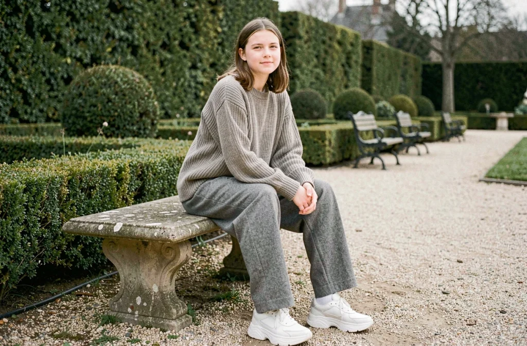 Adolescente en pantalon large gris chiné assise dans un jardin public français