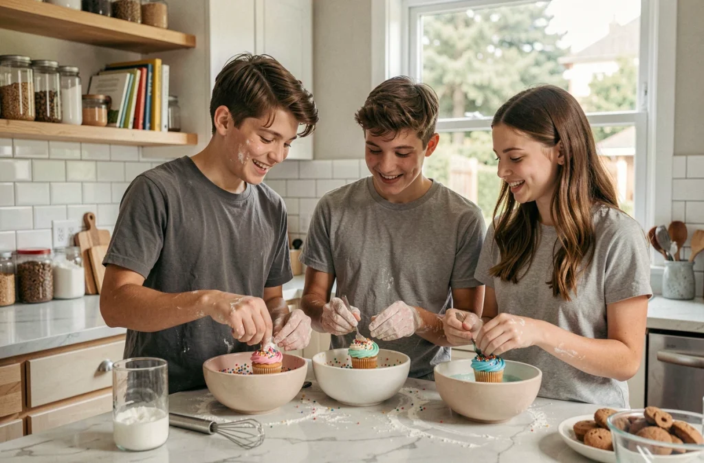 Adolescents décorant des cupcakes ensemble dans une cuisine lors d'une fête d'anniversaire originale à la maison