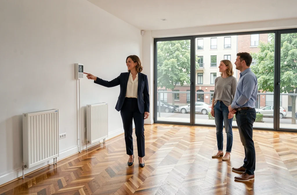 Agent immobilier présentant un appartement rénové énergétiquement à des acheteurs potentiels avec fenêtres haute performance et parquet en bois