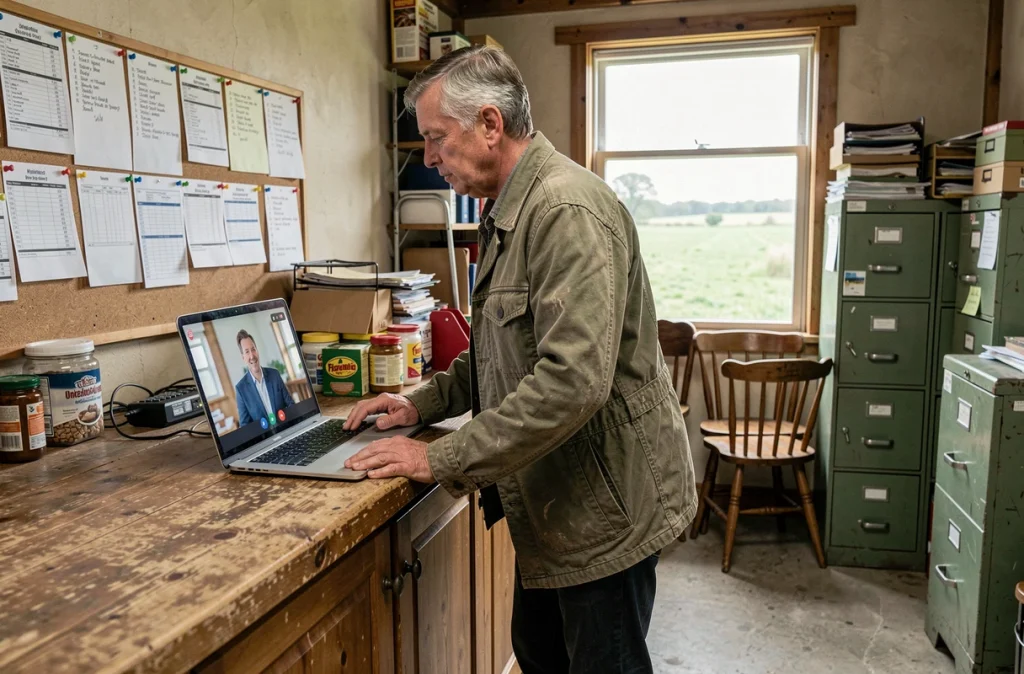 Agriculteur en zone rurale participant à une visioconférence sur son ordinateur portable dans un bureau de ferme