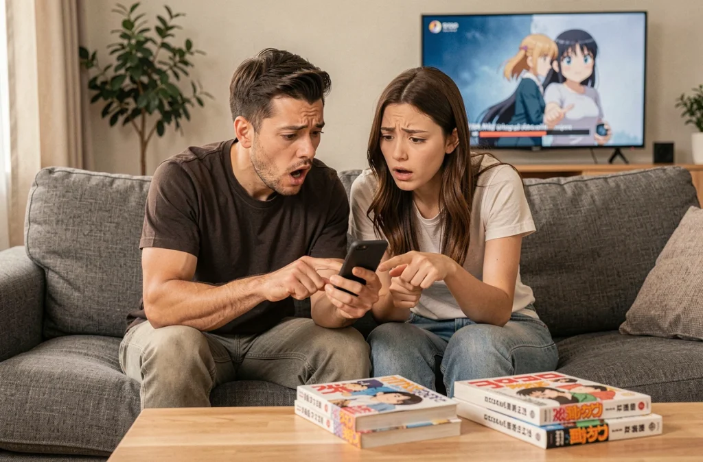 Deux amis fans de manga réagissant à un lien de scan One Piece partagé sur un smartphone, illustrant les erreurs communes dans la diffusion de contenus non officiels