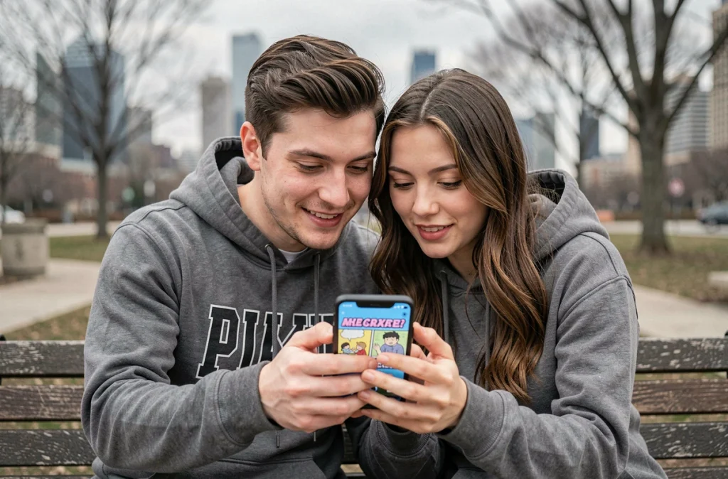 Deux amis regardant ensemble un webtoon sur smartphone dans un parc urbain