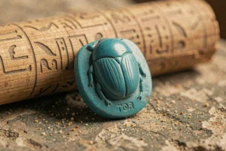 Amulette scarabée égyptien antique en faïence turquoise posée sur un papyrus avec hiéroglyphes