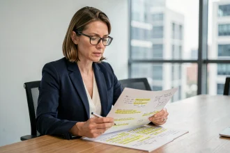 Professionnelle analysant des documents avec annotations dans une salle de réunion moderne, illustrant l'usage du verbatim en contexte professionnel
