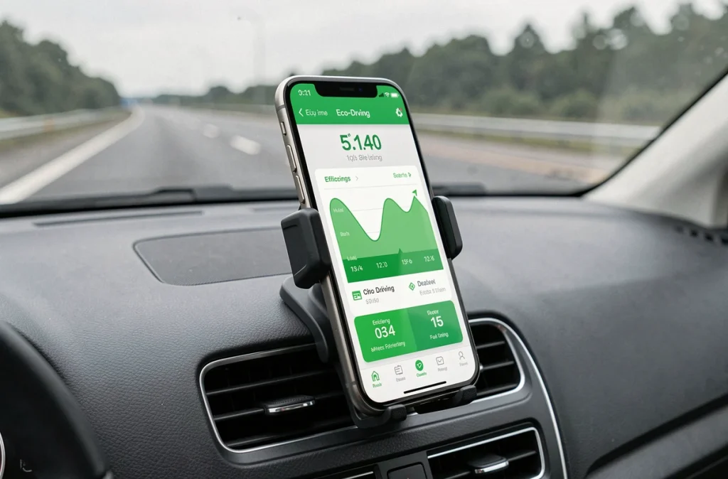 Application de conduite écoresponsable affichant la consommation de carburant en temps réel sur smartphone