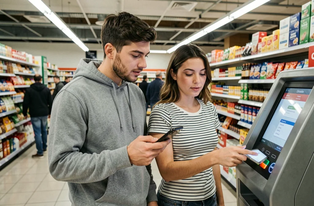 Deux jeunes adultes utilisant une application de paiement mobile en supermarché à Marseille
