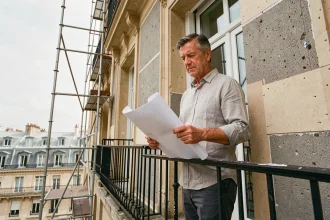 Architecte examinant des plans de rénovation énergétique sur le balcon d'un immeuble haussmannien avec isolation thermique par l'extérieur