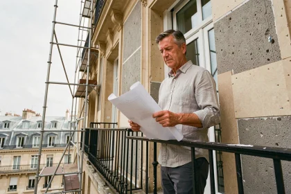 Architecte examinant des plans de rénovation énergétique sur le balcon d'un immeuble haussmannien avec isolation thermique par l'extérieur