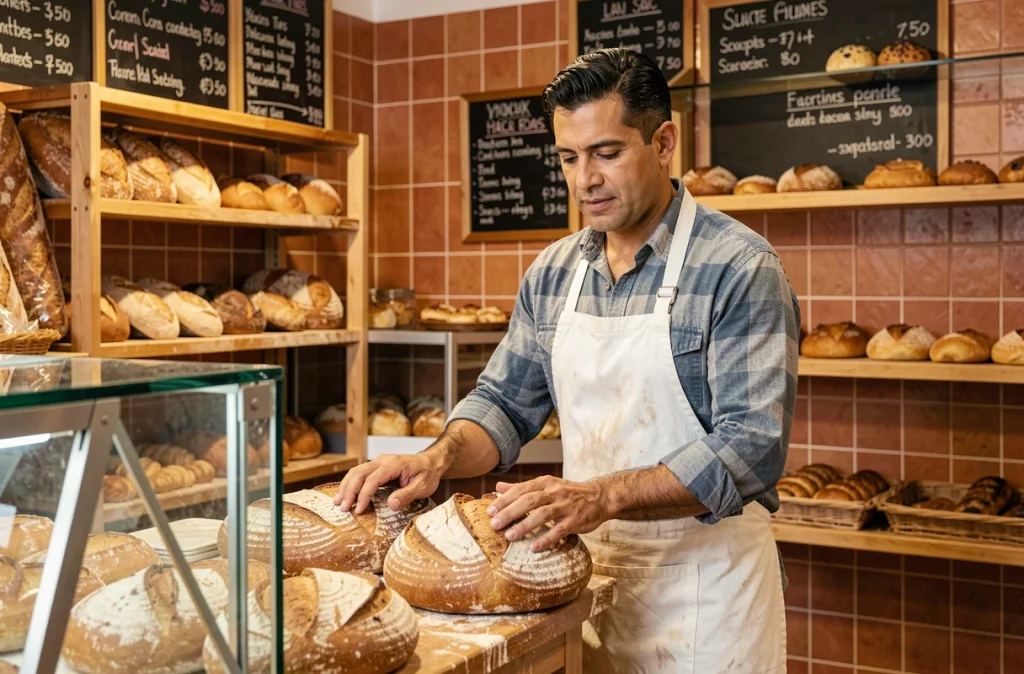 Artisan boulanger latino fier de sa boulangerie de quartier lancée grâce à un microcrédit