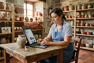 Artisane rurale utilisant une tablette numérique dans sa boutique de poterie locale pour gérer son commerce en ligne