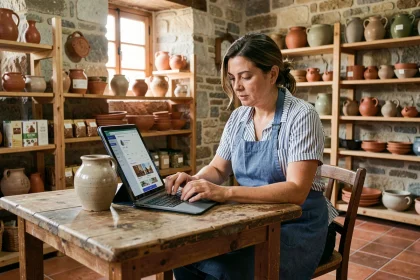 Artisane rurale utilisant une tablette numérique dans sa boutique de poterie locale pour gérer son commerce en ligne