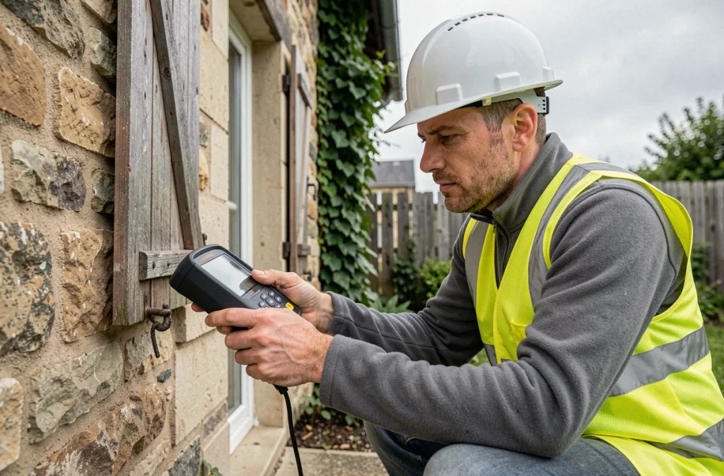 Auditeur énergétique réalisant un diagnostic de performance énergétique sur la façade d'une maison en pierre avant vente