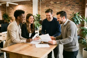 Groupe de collègues souriants collaborant autour d'un bureau dans un espace de travail moderne favorisant le bien-être