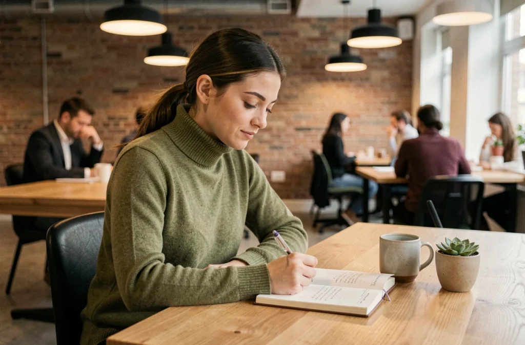 Jeune femme notant ses réflexions dans un journal de bien-être au travail dans un espace de coworking calme
