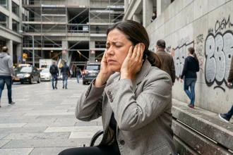 Femme stressée se bouchant les oreilles face au bruit urbain dans une place publique animée