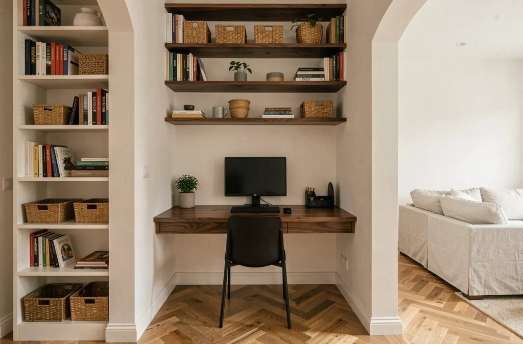 Espace bureau intégré dans une alcôve avec étagères sur mesure et parquet en chevrons dans un petit appartement