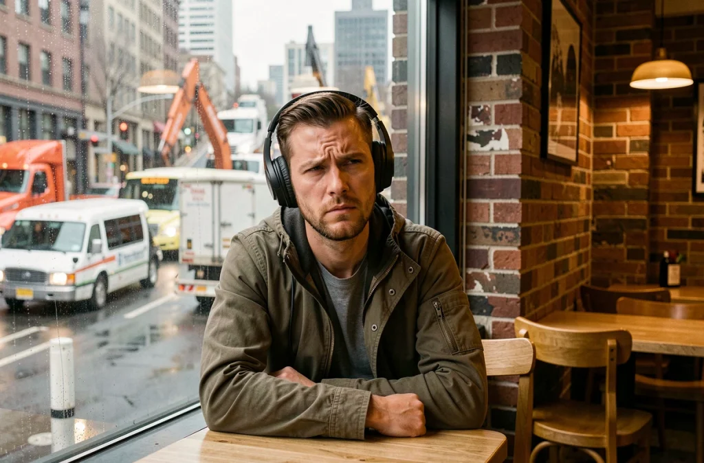 Jeune homme avec casque anti-bruit dans un café regardant la rue urbaine bruyante avec fatigue