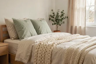 Chambre douillette avec draps en lin ivoire, plaid en laine tricotée et oreillers en coton sauge dans un intérieur scandinave