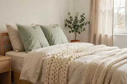 Chambre douillette avec draps en lin ivoire, plaid en laine tricotée et oreillers en coton sauge dans un intérieur scandinave