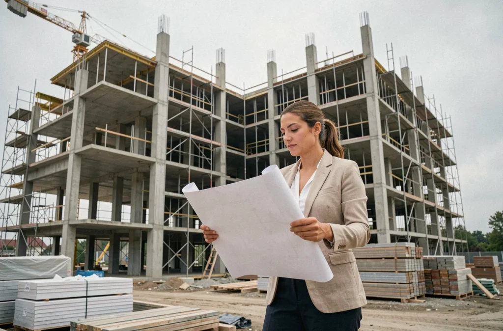 Femme examinant des plans architecturaux sur un chantier de construction immobilière neuve