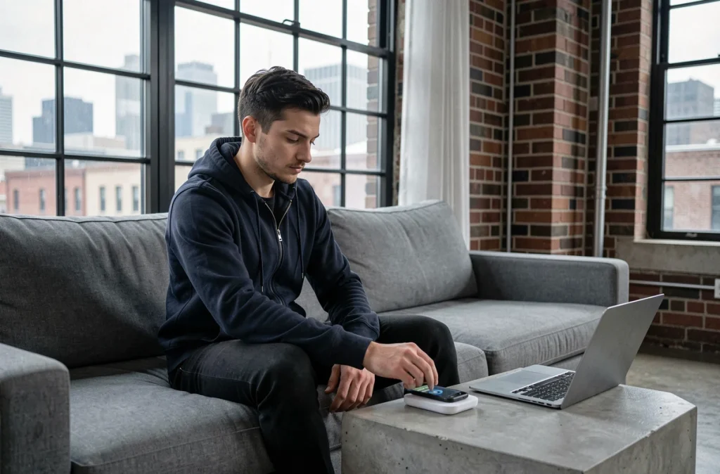 Jeune homme déposant son smartphone sur un chargeur sans fil sur une table d'appoint dans un appartement urbain moderne
