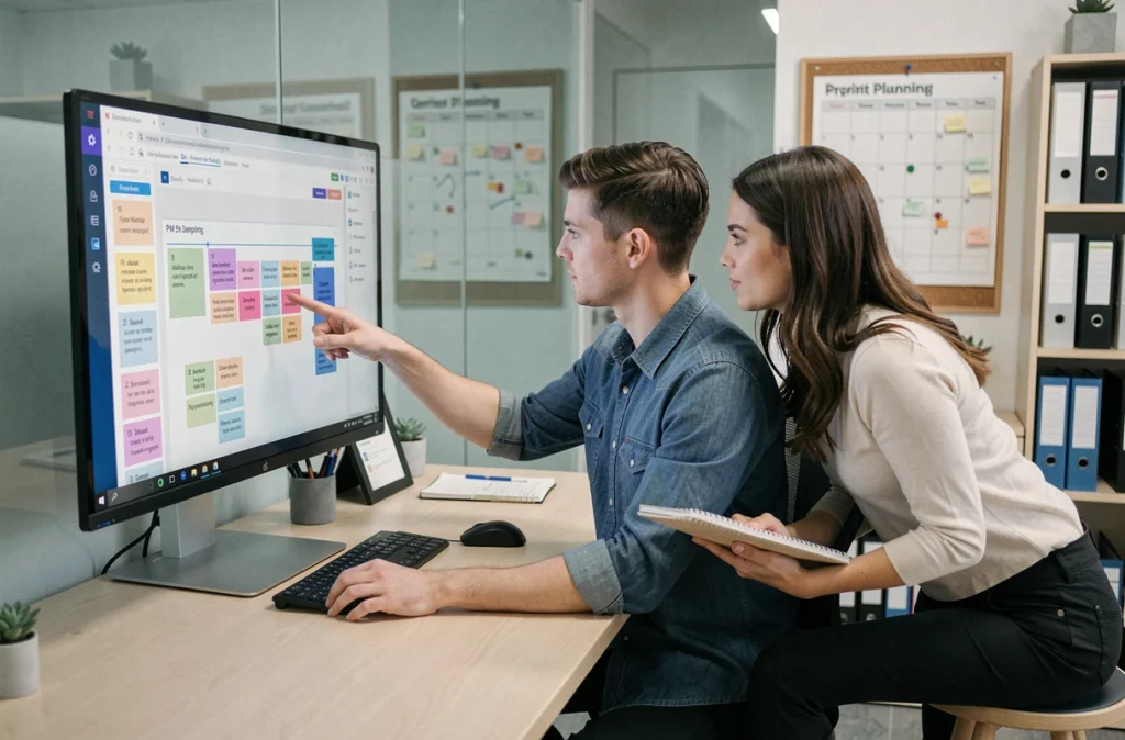 Chef de projet agile expliquant un tableau Kanban numérique à une collègue dans une PME moderne