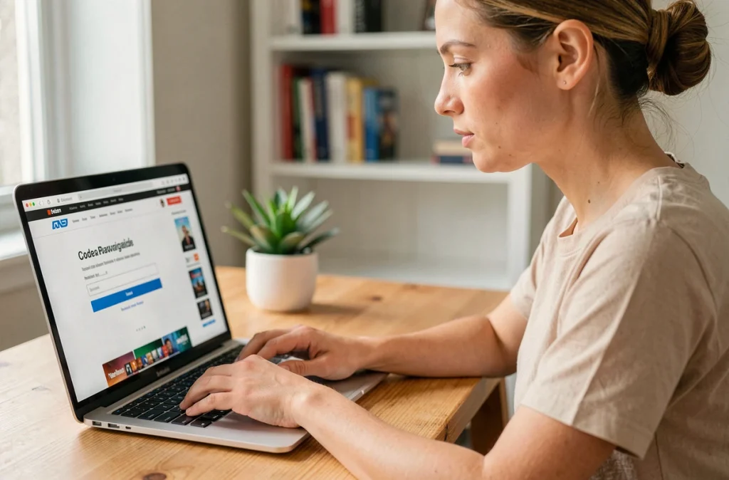 Femme saisissant un code promo Canal+ sur un site de streaming depuis son bureau à domicile