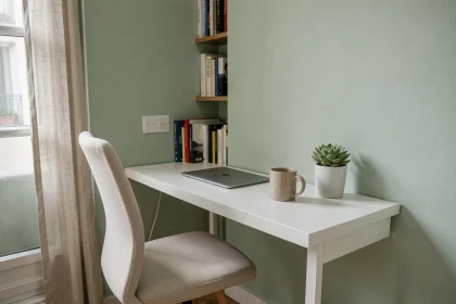 Coin bureau minimaliste dans un petit appartement avec bureau blanc, chaise ergonomique beige et étagère organisée