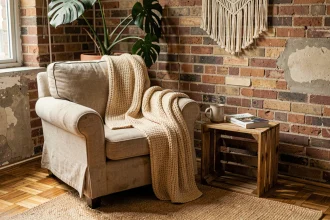 Coin lecture cosy aménagé dans un petit appartement avec un fauteuil en lin beige, un plaid en laine chunky et une table de chevet DIY en caisse en bois