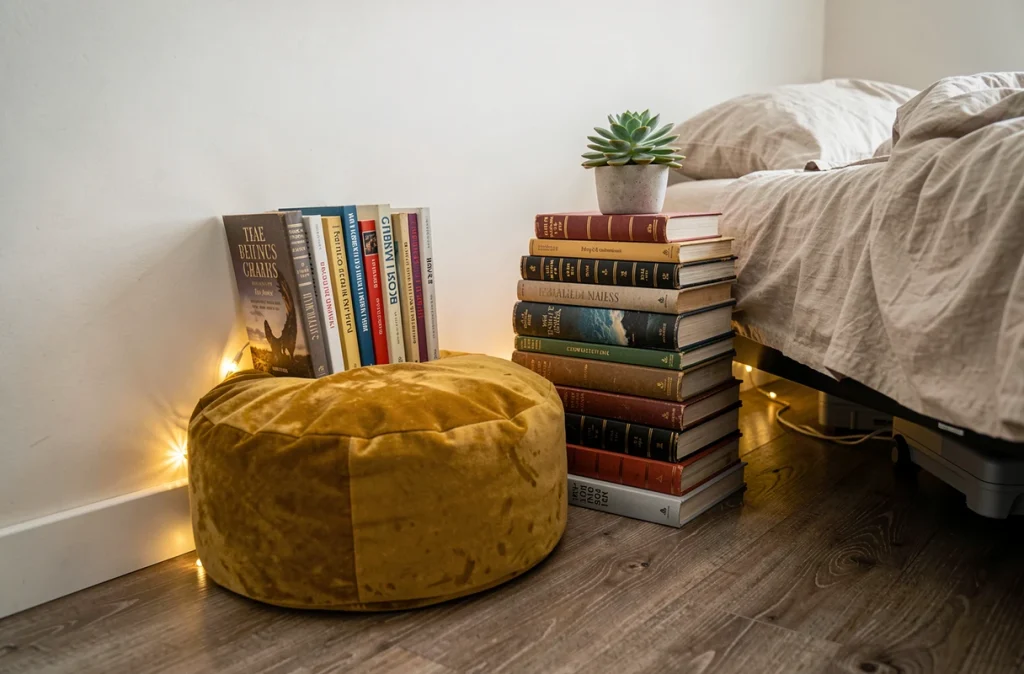 Coin lecture aménagé au sol avec un pouf en velours moutarde, des livres empilés et des guirlandes lumineuses dans une petite chambre