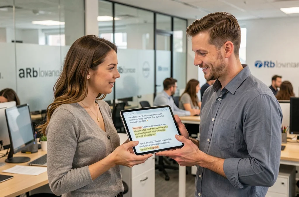 Deux collègues consultant un document de synonymes de verbatim sur tablette dans un bureau open space d'agence de communication