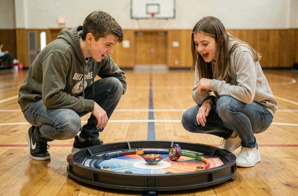 Deux adolescents passionnés regardant un combat de toupies Beyblade dans un stade, initiation pour débutants
