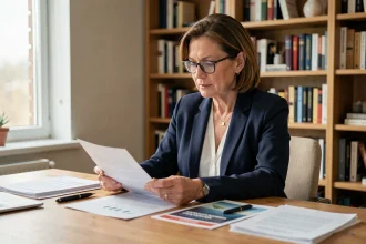 Femme d'âge mûr comparant des documents d'assurance vie et de plan épargne retraite à son bureau à domicile