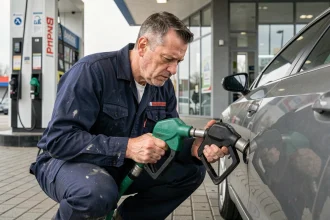 Mécanicien comparant les pistolets de carburant essence et diesel à une station-service